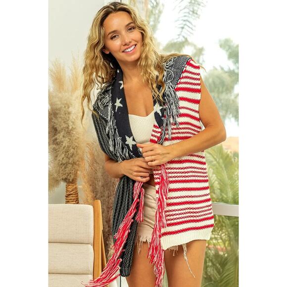 BiBi American Flag Theme Fringe Edged Detail Relaxed Fit Sweater Vest | Navy/Red - Picture 5 of 12